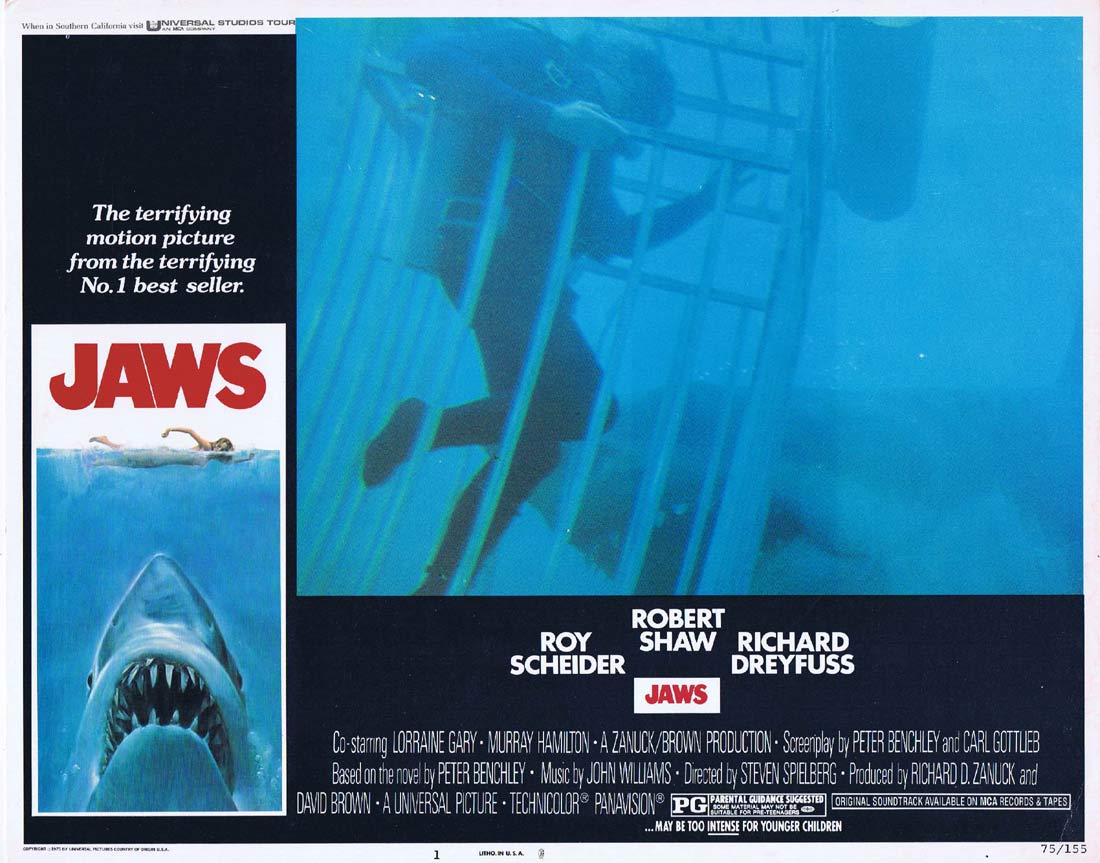 JAWS Original US Lobby Card 1 Roy Scheider Richard Dreyfuss Great White Shark