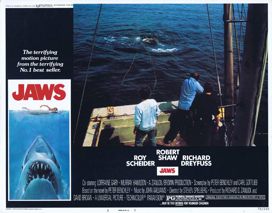 JAWS Original US Lobby Card 3 Roy Scheider Richard Dreyfuss Great White Shark