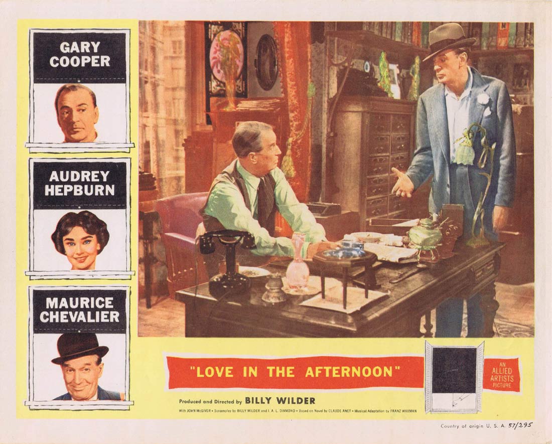 LOVE IN THE AFTERNOON Original US Lobby Card 6 Billy Wilder Gary Cooper Audrey Hepburn