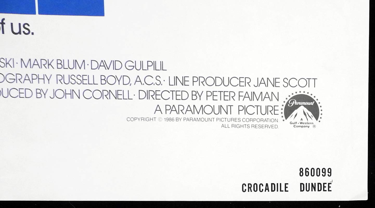 CROCODILE DUNDEE Original US One sheet Movie poster Paul Hogan Linda Kozlowski MISPRINT