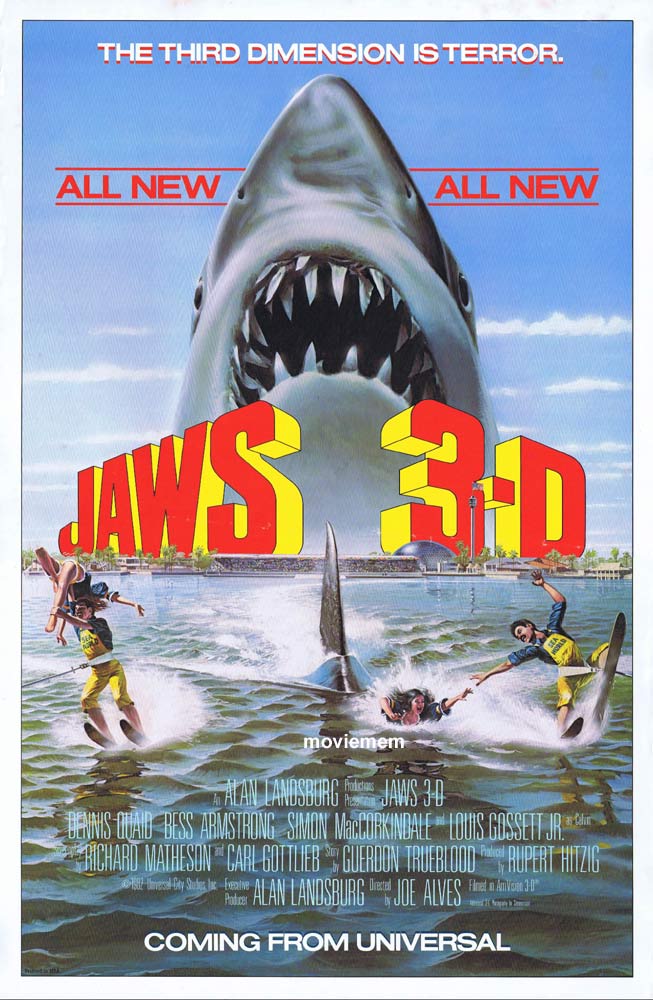 JAWS 3-D Original US Daybill Movie Poster Dennis Quaid Bess Armstrong Shark