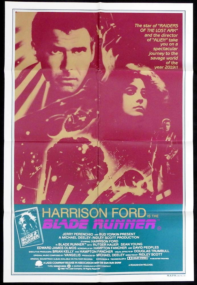 BLADE RUNNER Original One Sheet Movie Poster Harrison Ford Ridley Scott