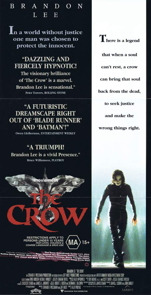 THE CROW Original Daybill Movie Poster Brandon Lee Ernie Hudson Michael Wincott
