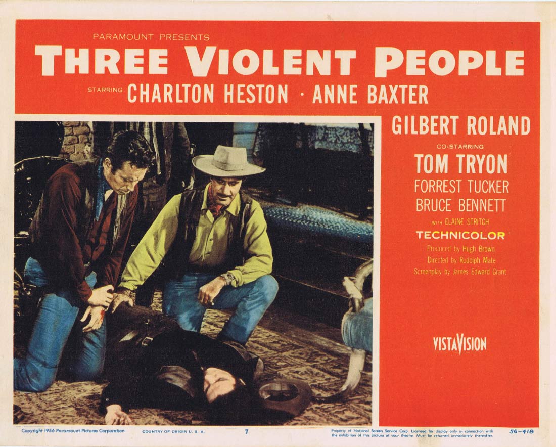 THREE VIOLENT PEOPLE Original Lobby Card 7 Charlton Heston Anne Baxter Gilbert Roland
