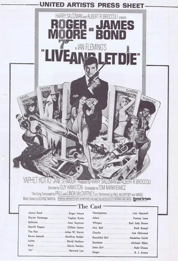 LIVE AND LET DIE Rare DS AUSTRALIAN Movie Press Sheet James Bond Roger Moore