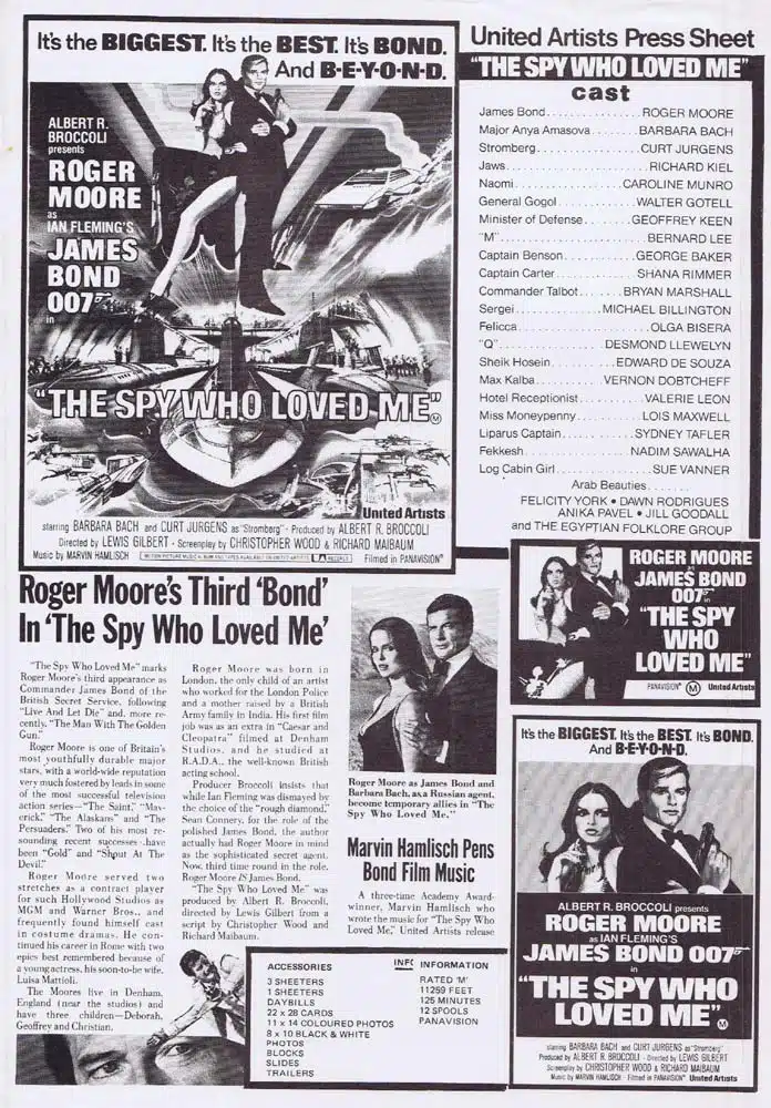 THE SPY WHO LOVED ME Rare AUSTRALIAN Movie Press Sheet James Bond Roger Moore