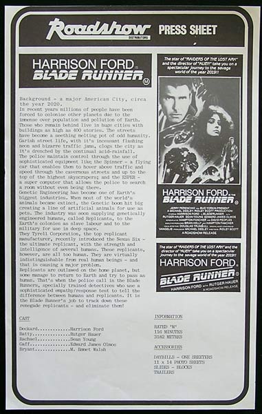 BLADE RUNNER Original Photo sheet Movie poster Harrison Ford Ridley Scott
