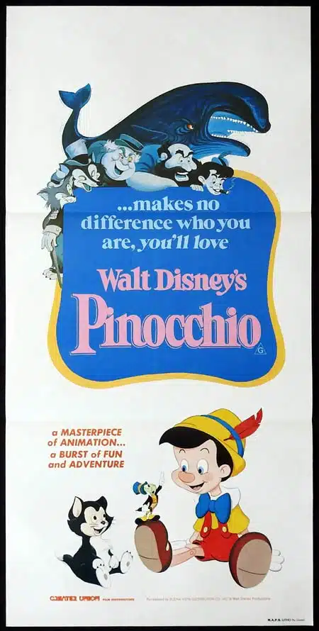 PINOCCHIO Original 1982r Daybill Movie Poster Disney Classic