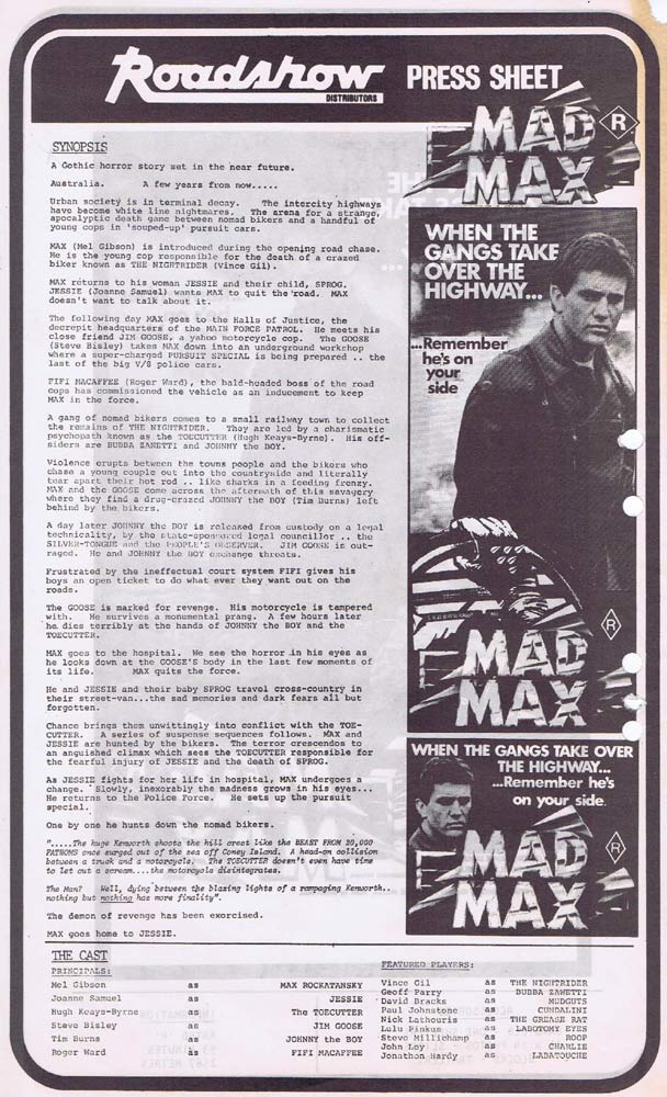 MAD MAX Rare Original DS AUSTRALIAN Movie Press Sheet Mel Gibson