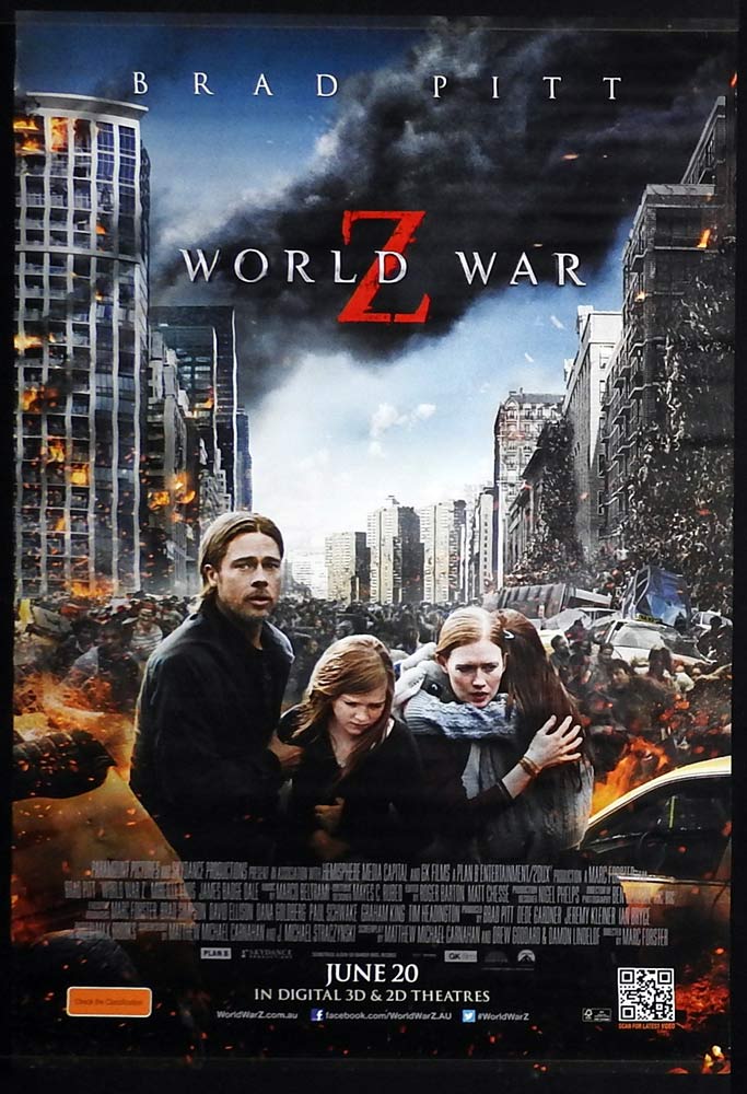 WORLD WAR Z Original One Sheet Movie poster Brad Pitt Mireille Enos James Badge Dale