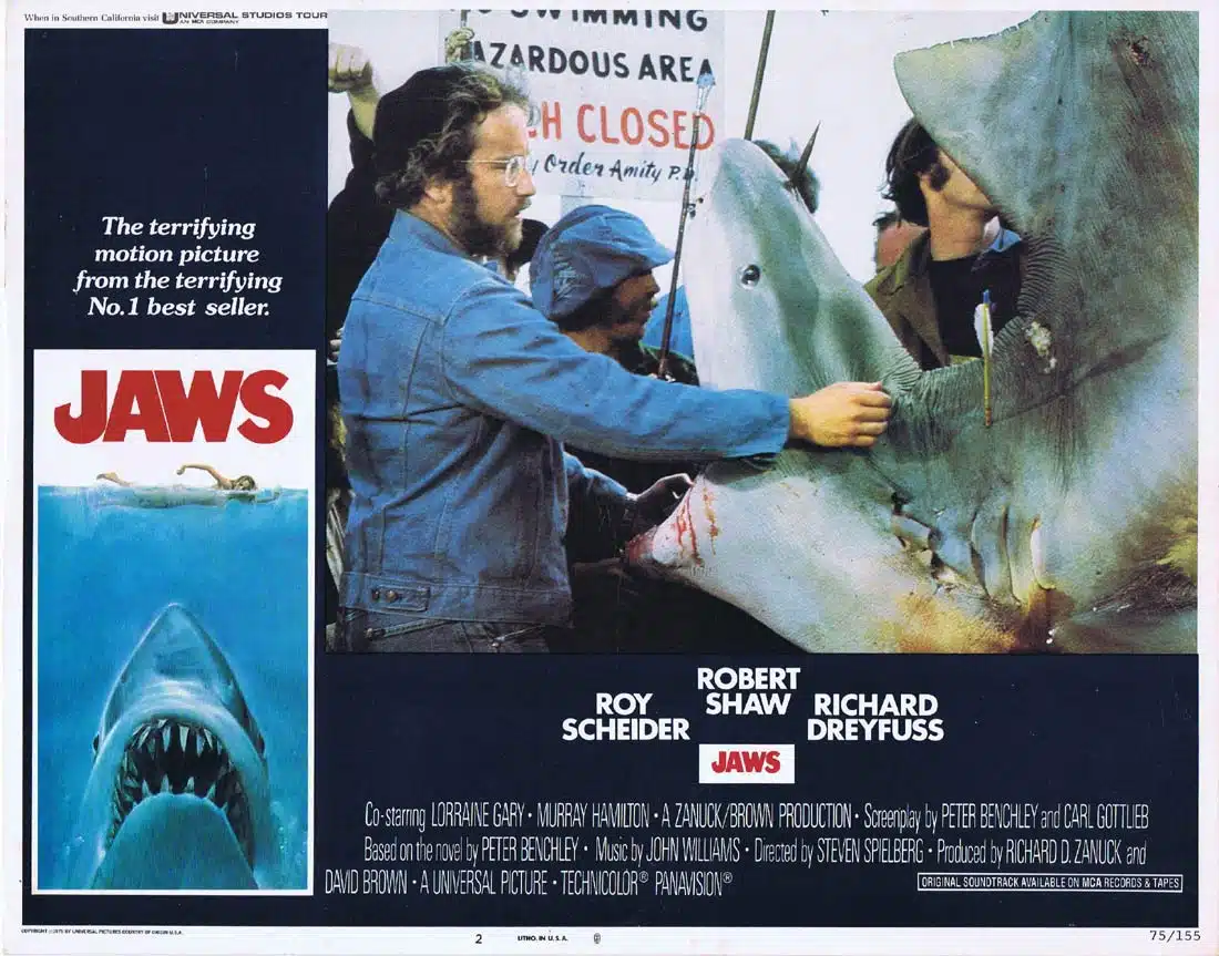 JAWS Original US INT Lobby Card 2 Roy Scheider Richard Dreyfuss Great White Shark