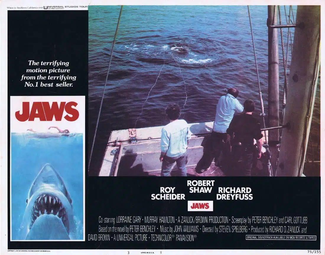 JAWS Original US INT Lobby Card 3 Roy Scheider Richard Dreyfuss Great White Shark