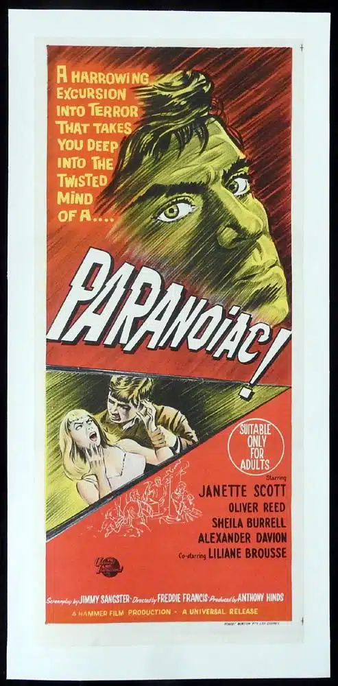 PARANOIAC Original LINEN BACKED Daybill Movie Poster HAMMER Horror
