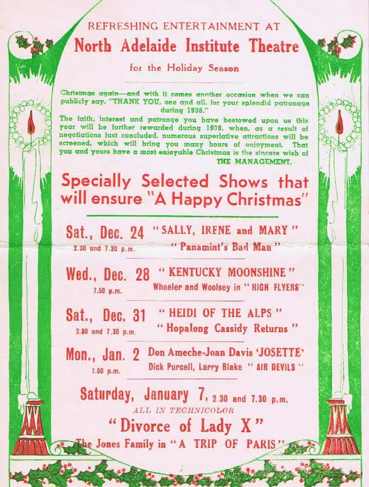 CHRISTMAS 1939 Movie Herald Calender Hopalong Cassidy North Adelaide