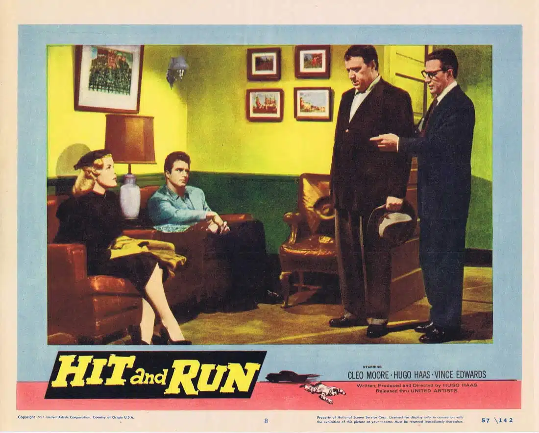 HIT AND RUN Original Lobby Card 8 Cleo Moore Hugo Haas Vince Edwards Film Noir