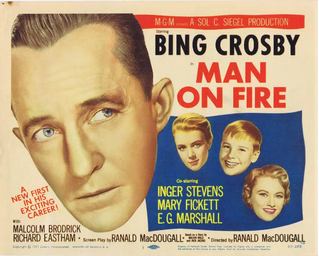MAN ON FIRE Original Title Lobby Card Bing Crosby Inger Stevens