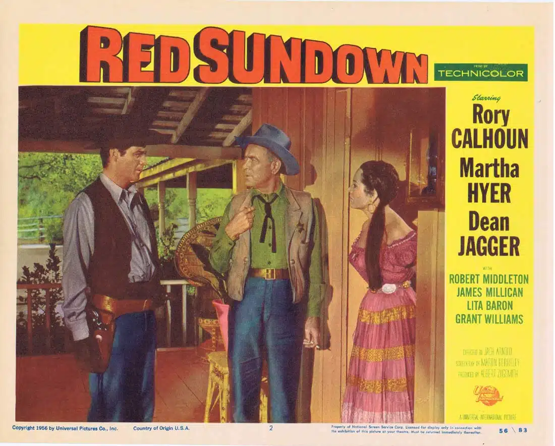RED SUNDOWN Original Lobby Card 2 Rory Calhoun Martha Hyer Dean Jagger