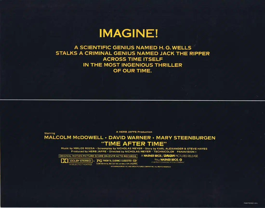 TIME AFTER TIME Original 11 x 14 Title Still Malcolm McDowell David Warner Mary Steenburgen