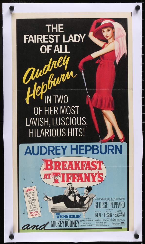 BREAKFAST AT TIFFANYS Original 1965 LINEN BACKED Trimmed US Insert Movie poster
