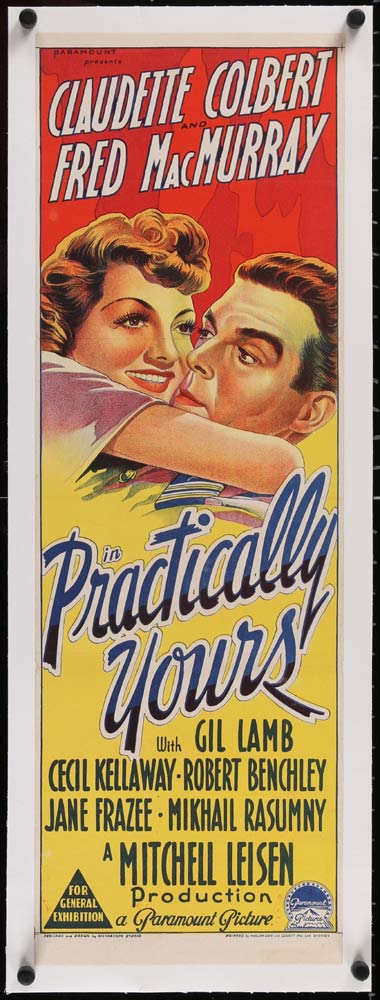 PRACTICALLY YOURS Original LINEN BACKED Daybill Movie poster Claudette Colbert
