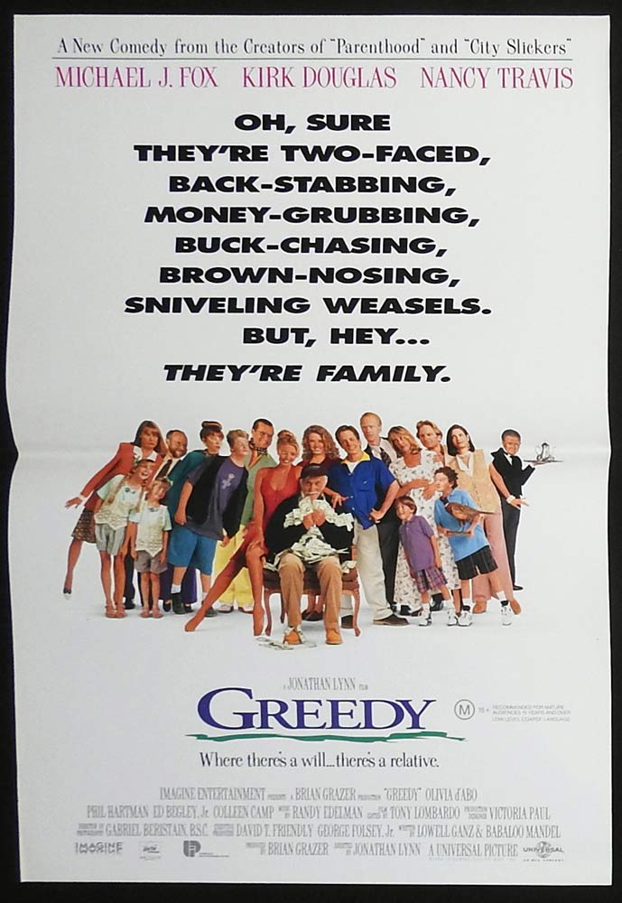 GREEDY Original Daybill Movie poster Michael J. Fox Kirk Douglas