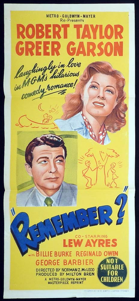 REMEMBER Rare 1950sr Daybill Movie Poster Robert Taylor Greer Garson