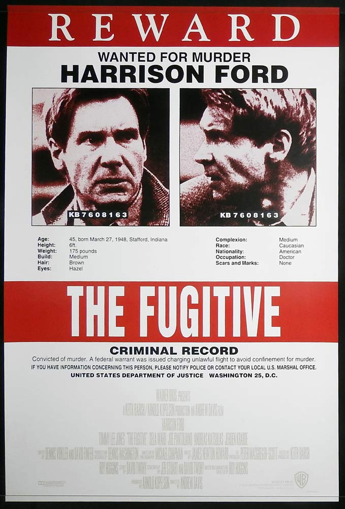 THE FUGITIVE Original RECALLED One sheet Movie Poster Harrison Ford Tommy Lee Jones
