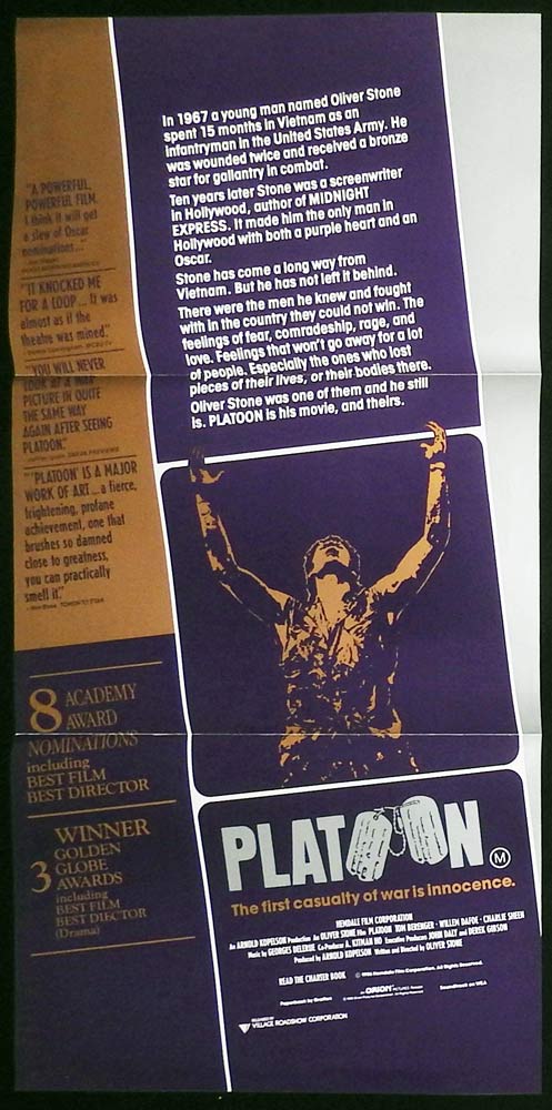 PLATOON Original Daybill Movie Poster Tom Berenger
